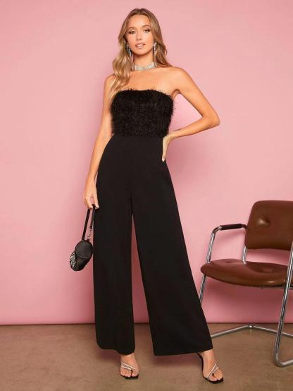 Fuzzy Panel Tube Jumpsuit-Comfy Jumpsuits