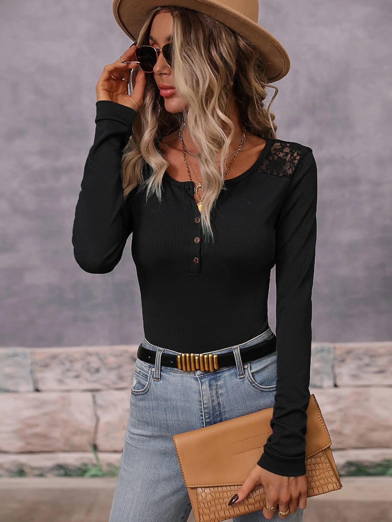 Contrast Lace Bodysuit-Comfy Jumpsuits