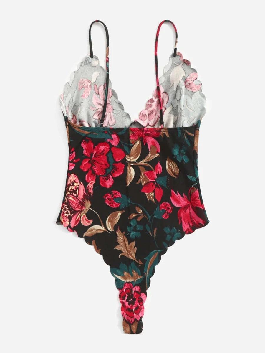 Allover Floral Print Scallop Trim Cami Bodysuit-Comfy Jumpsuits