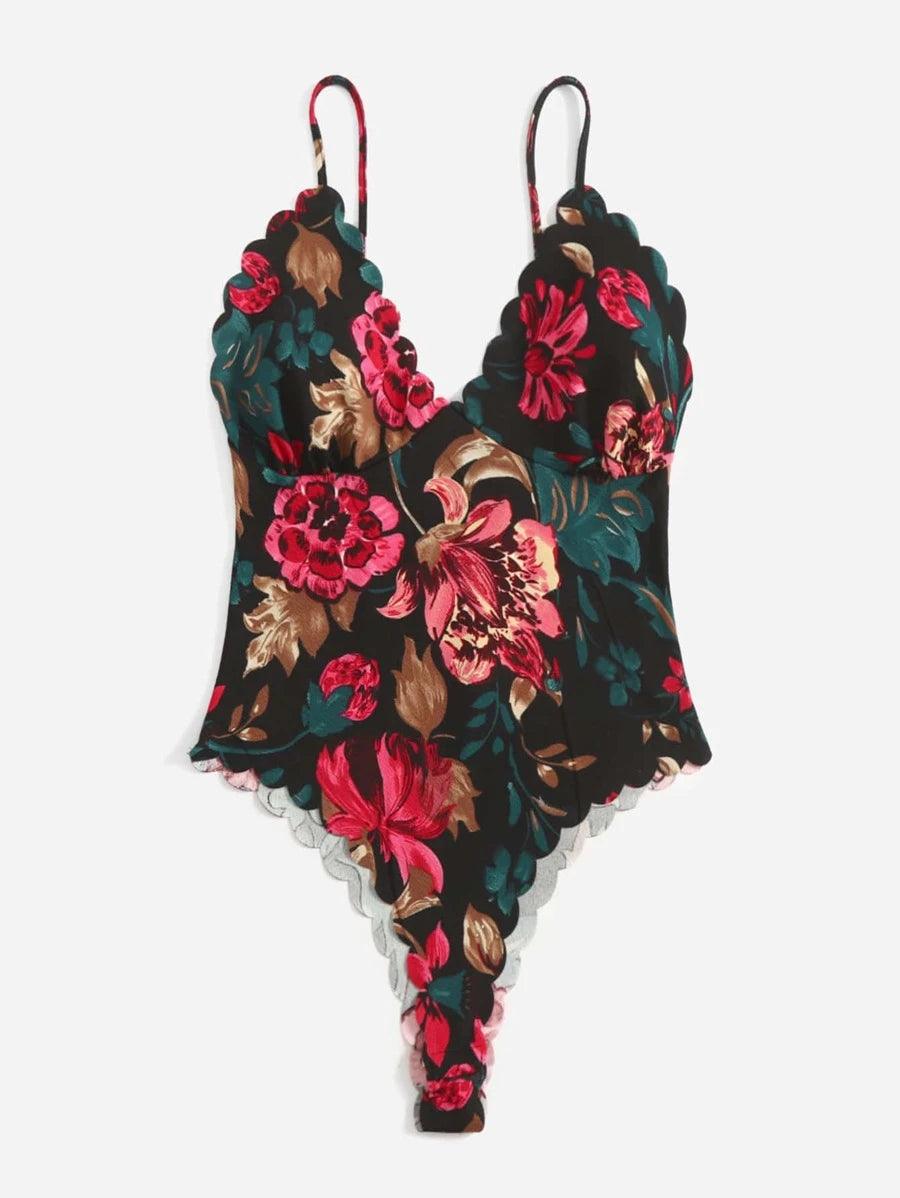 Allover Floral Print Scallop Trim Cami Bodysuit-Comfy Jumpsuits