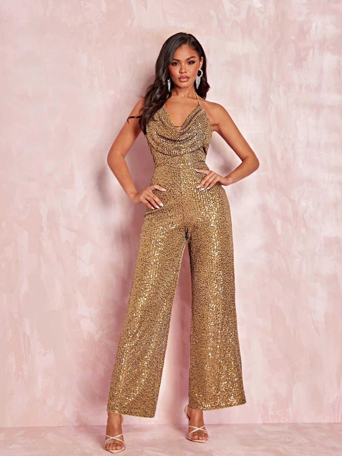 Front Backless Sequin Halter Jumpsuit-Comfy Jumpsuits