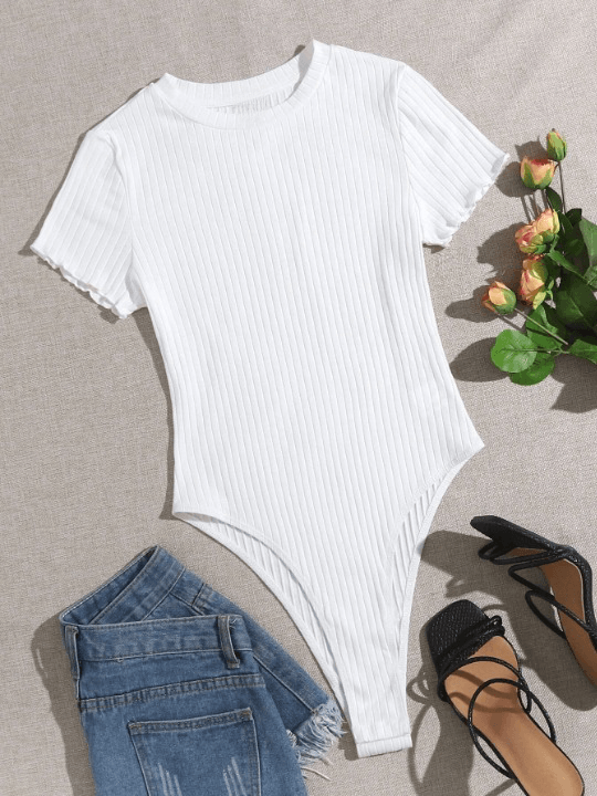 Lettuce Trim Ribbed Knit Bodysuit-Comfy Jumpsuits
