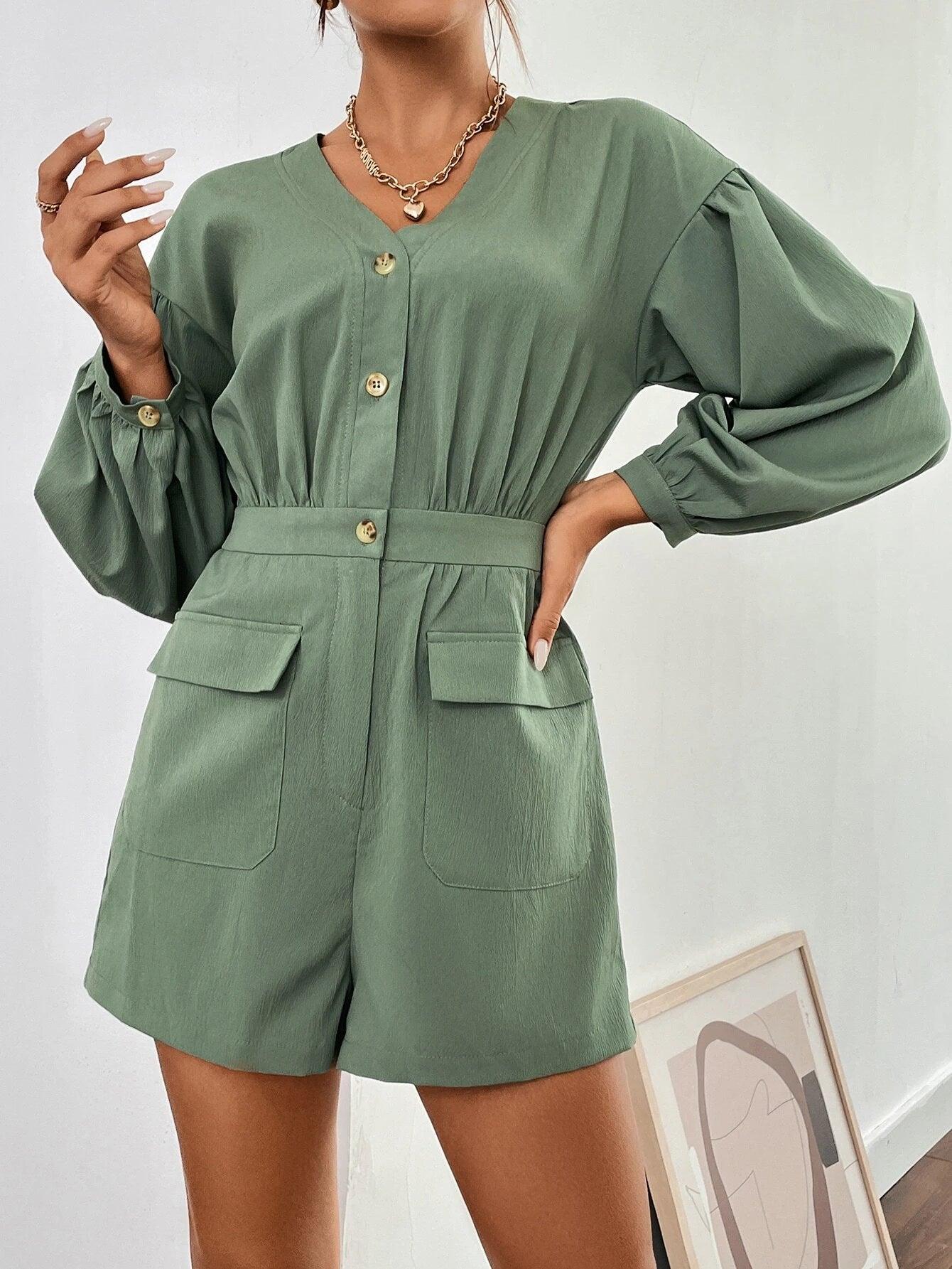 Flap Pocket Long Sleeve Romper-Comfy Jumpsuits