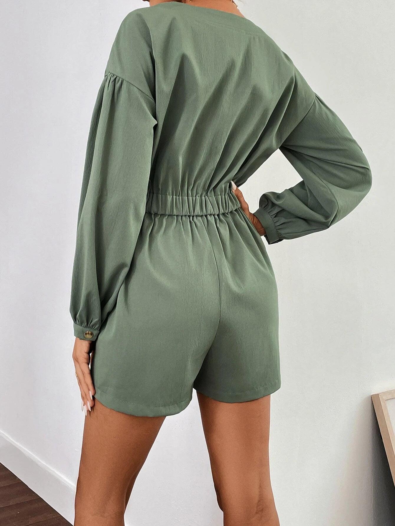 Flap Pocket Long Sleeve Romper-Comfy Jumpsuits