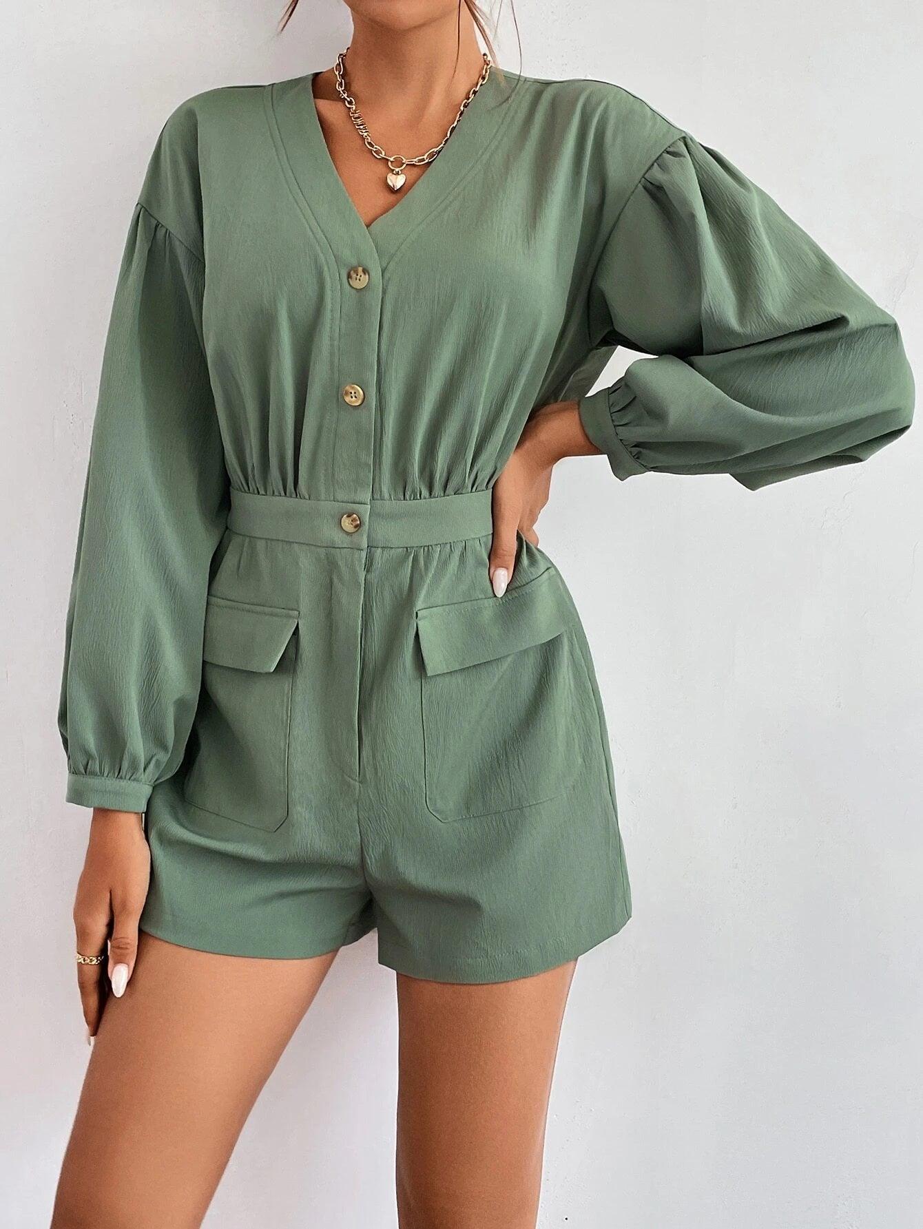 Flap Pocket Long Sleeve Romper-Comfy Jumpsuits