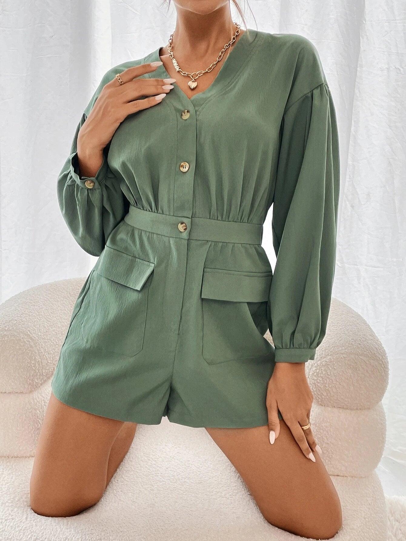 Flap Pocket Long Sleeve Romper-Comfy Jumpsuits