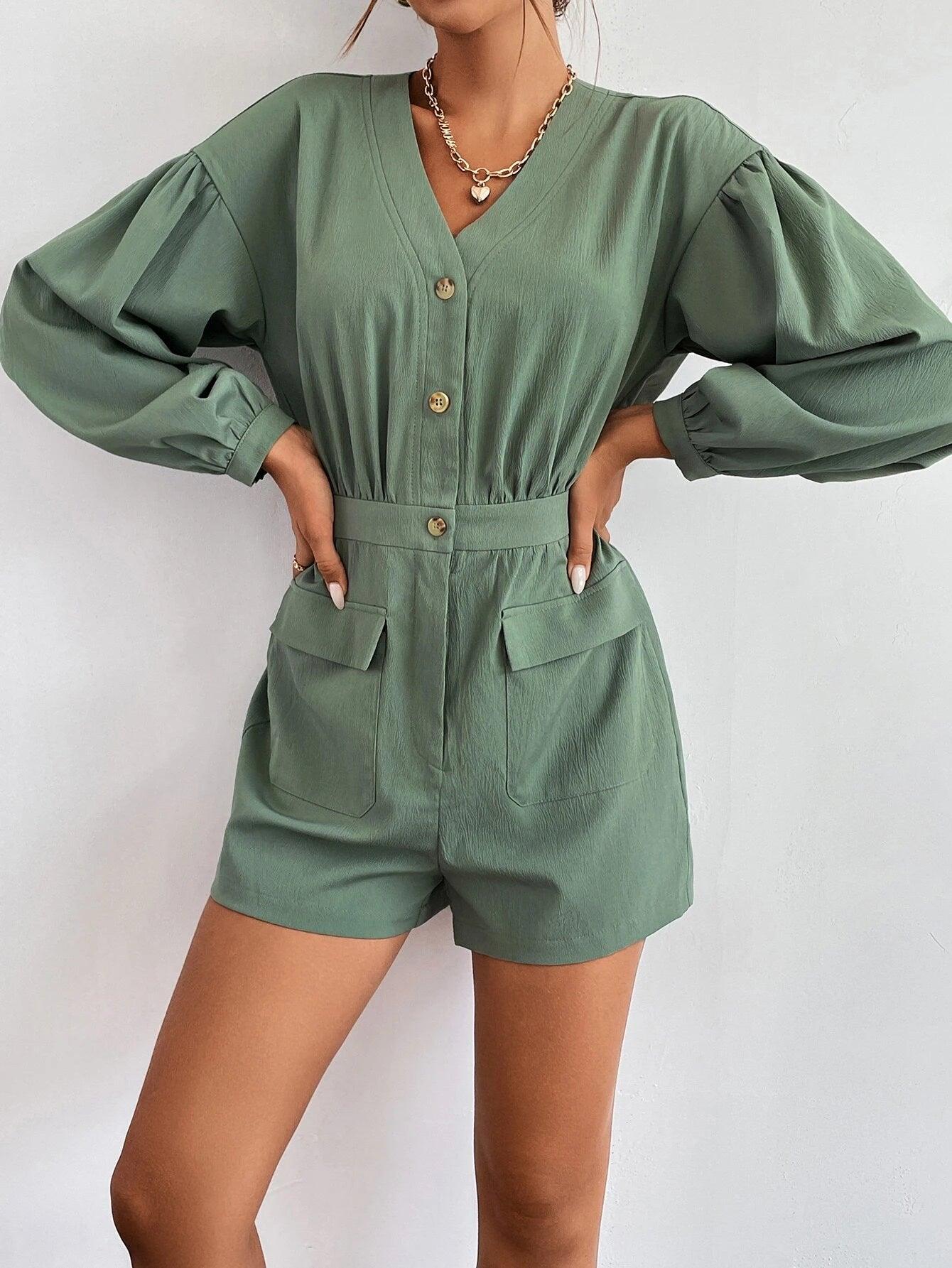 Flap Pocket Long Sleeve Romper-Comfy Jumpsuits