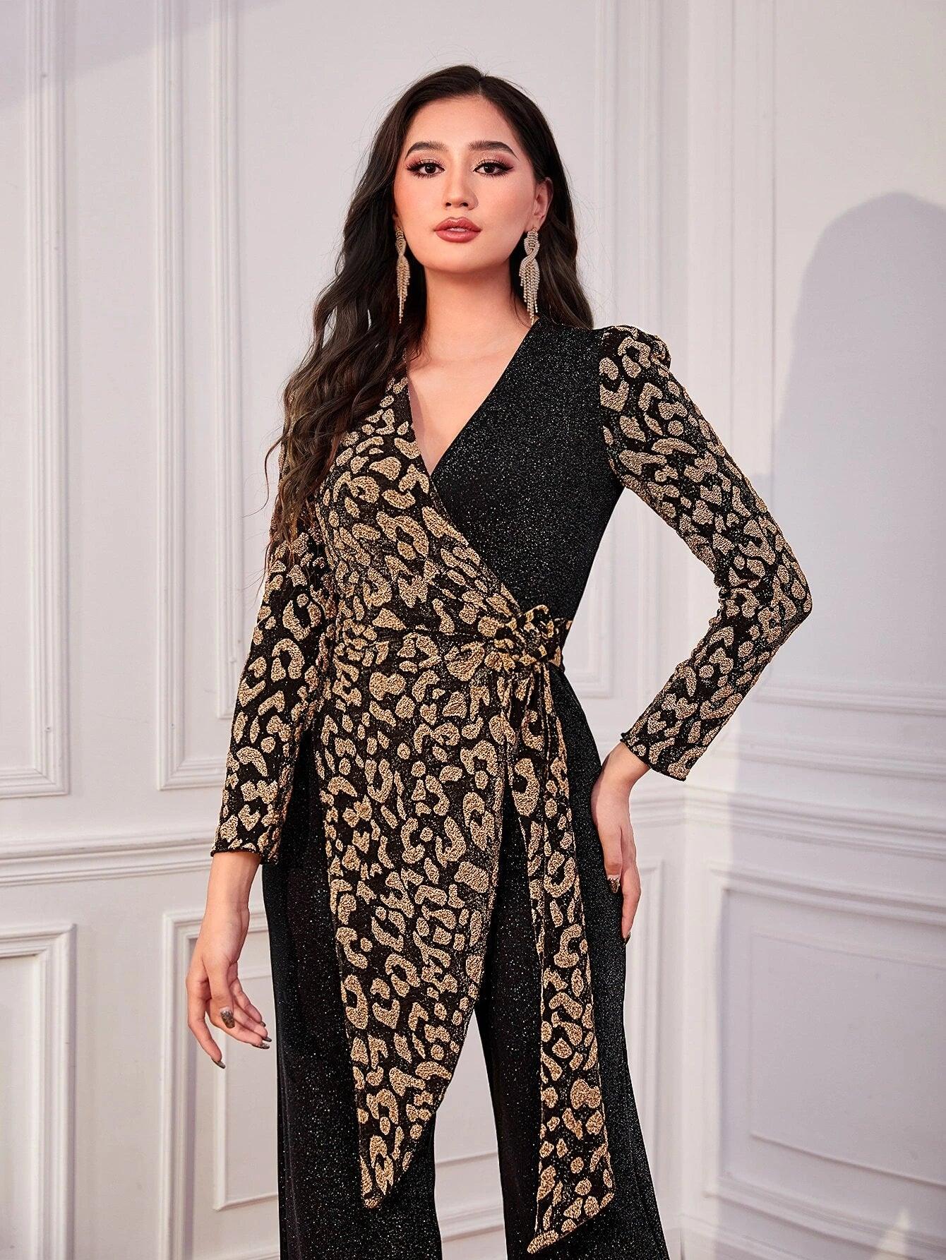Leopard Pattern Puff Sleeve Jumpsuit-Comfy Jumpsuits