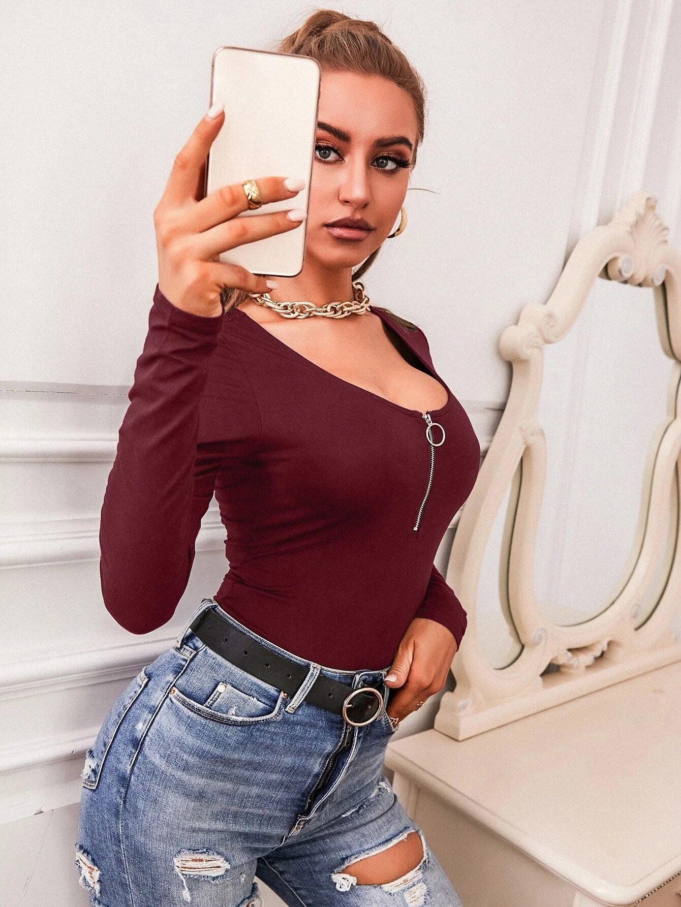 Half Zipper Slim Fit Bodysuit-Comfy Jumpsuits