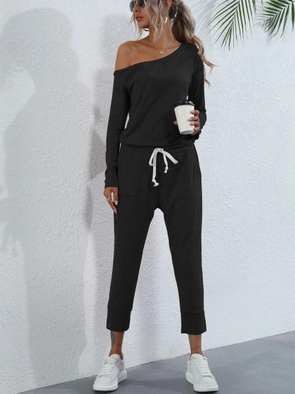 Asymmetrical Neck Drawstring Waist Jumpsuit-Comfy Jumpsuits