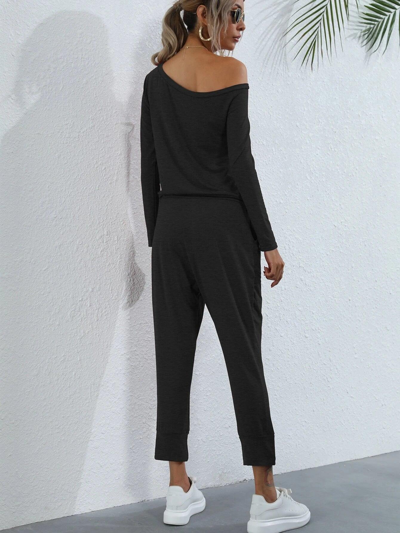 Asymmetrical Neck Drawstring Waist Jumpsuit-Comfy Jumpsuits
