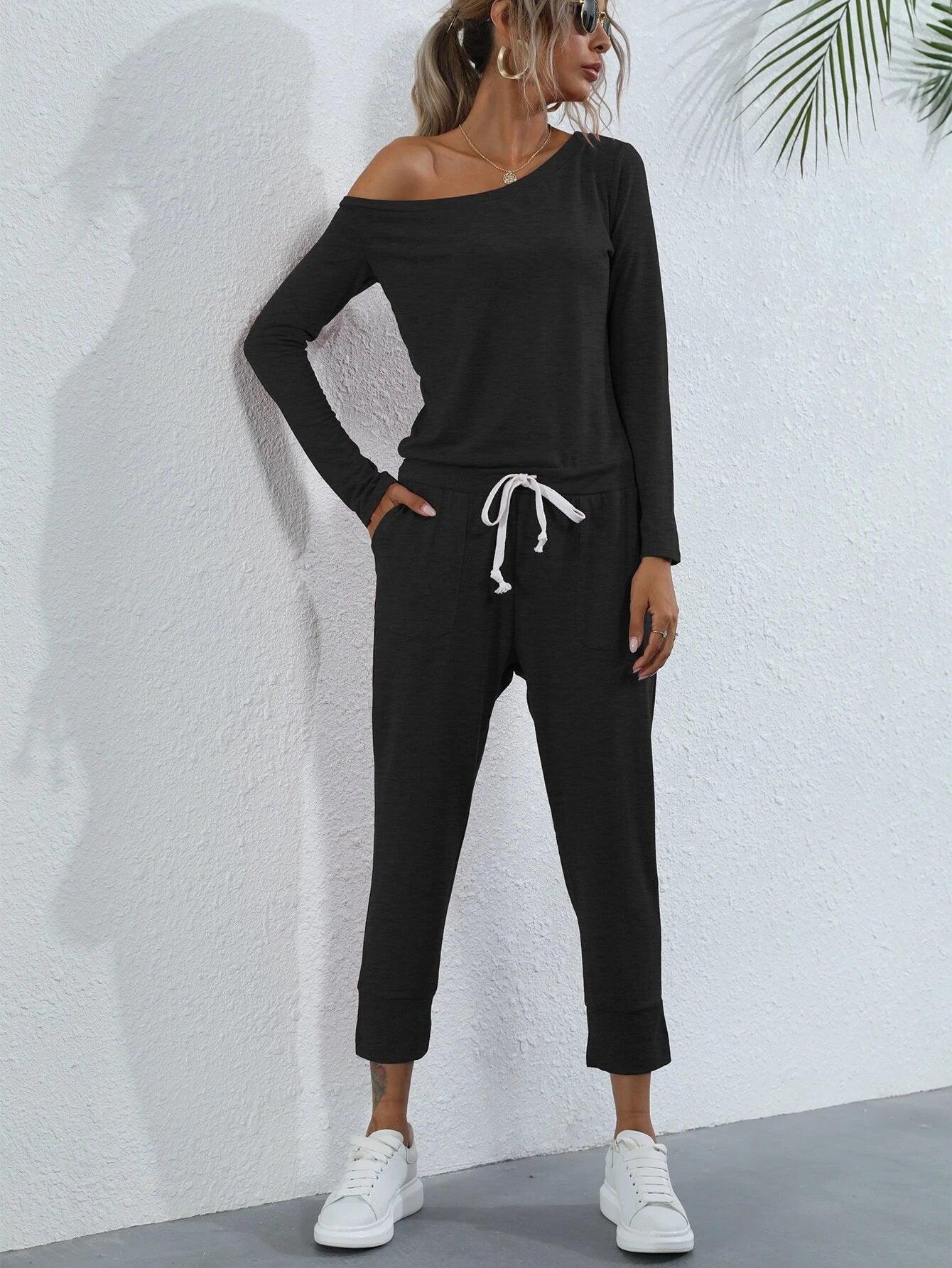 Asymmetrical Neck Drawstring Waist Jumpsuit-Comfy Jumpsuits