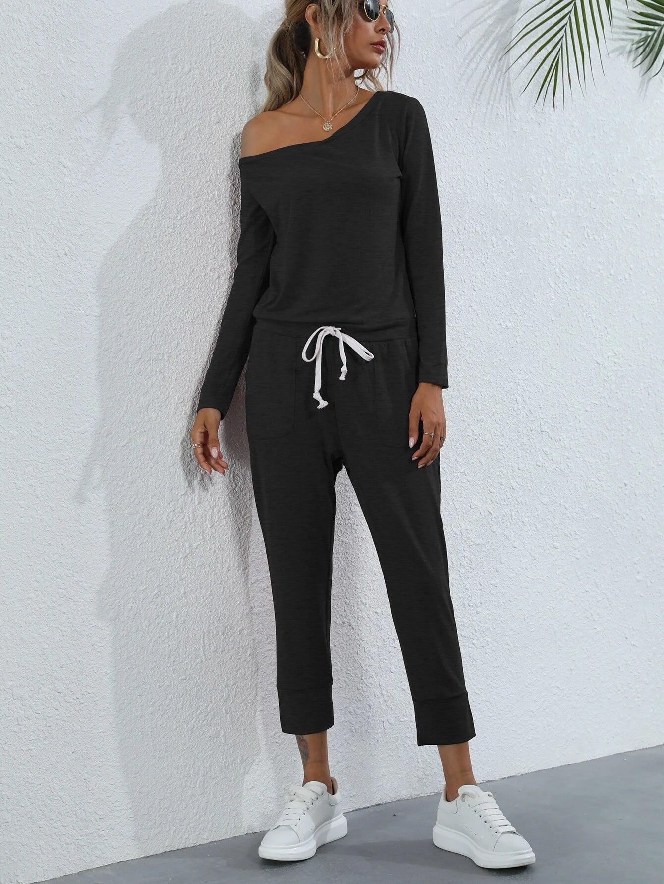 Asymmetrical Neck Drawstring Waist Jumpsuit-Comfy Jumpsuits