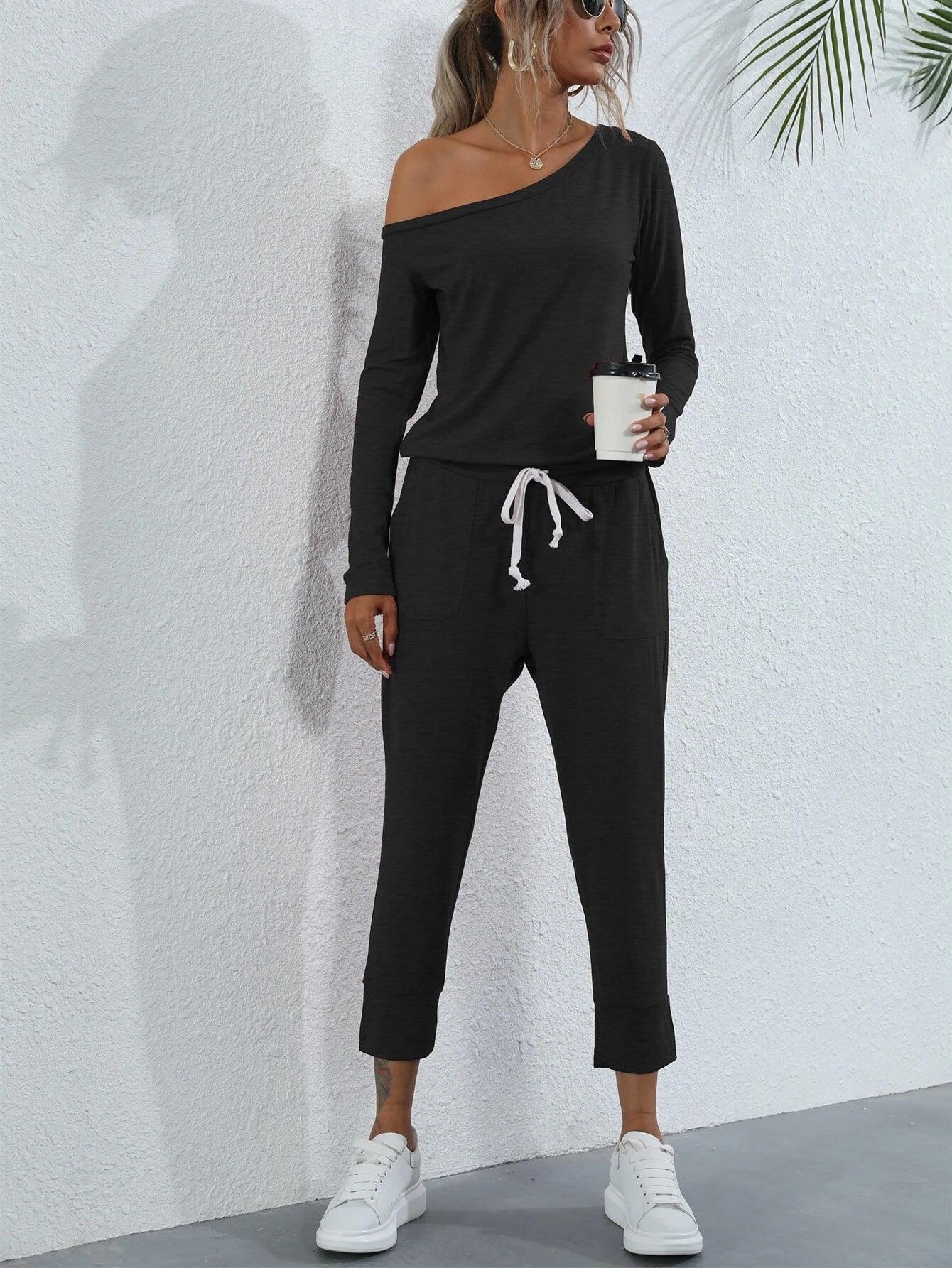 Asymmetrical Neck Drawstring Waist Jumpsuit-Comfy Jumpsuits
