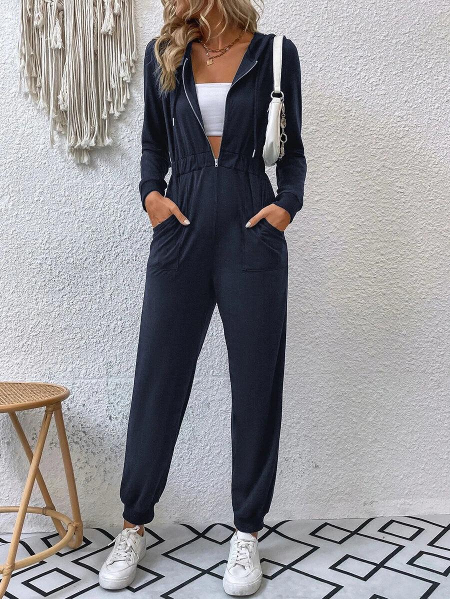 Zip Half Placket Drawstring Hooded Jumpsuit-Comfy Jumpsuits