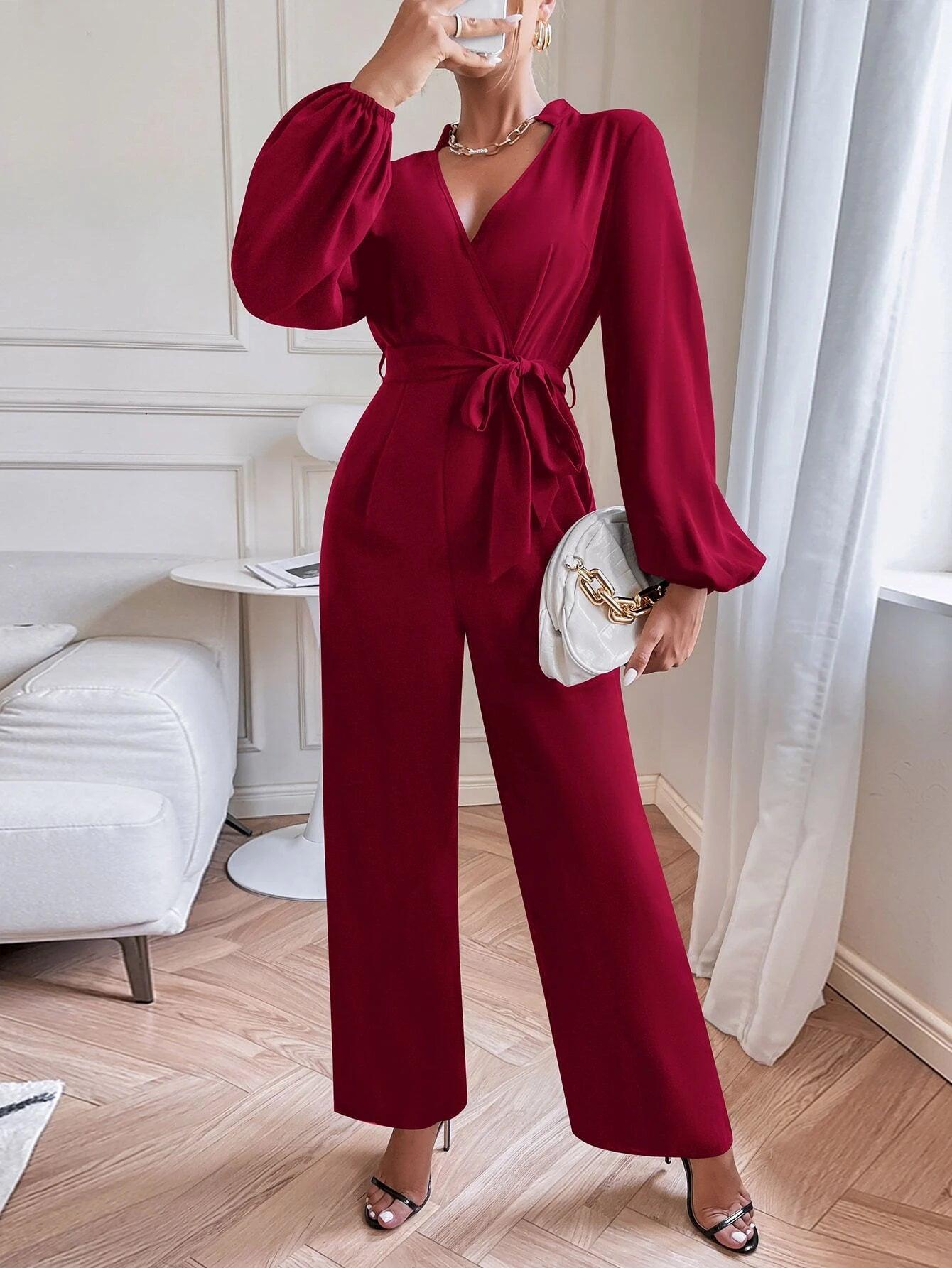 Lantern Sleeve Belted Jumpsuit-Comfy Jumpsuits