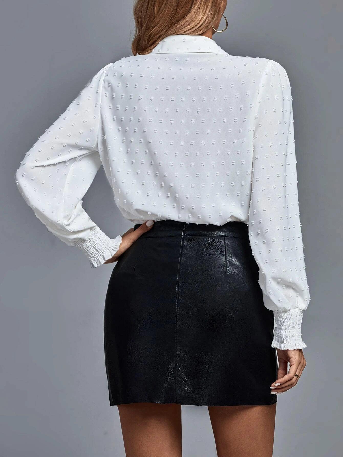 Swiss Dot Shirred Bishop Sleeve Shirt Bodysuit-Comfy Jumpsuits