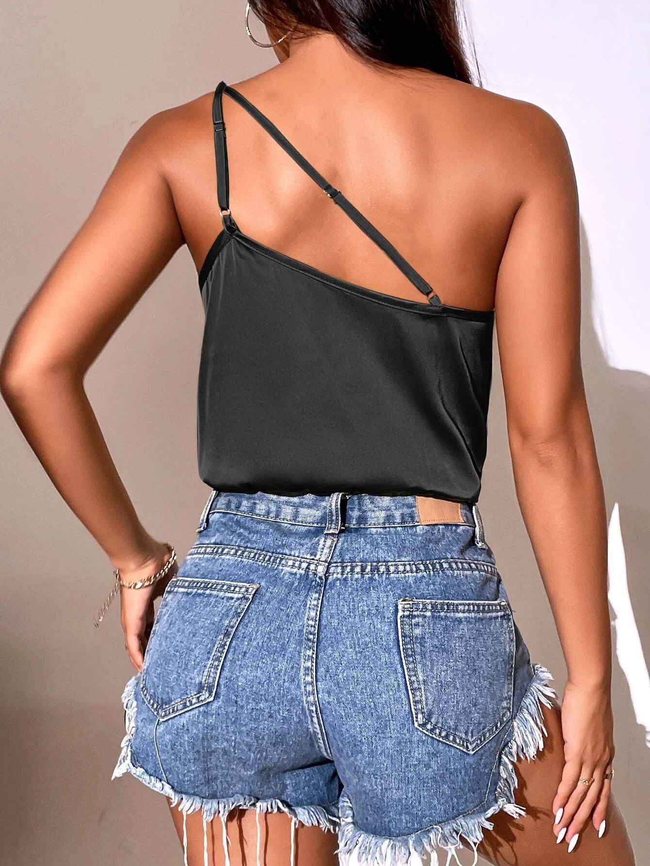 One Shoulder Draped Bodysuit-Comfy Jumpsuits