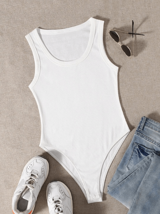 Scoop Neckline Solid Colored Bodysuit-Comfy Jumpsuits