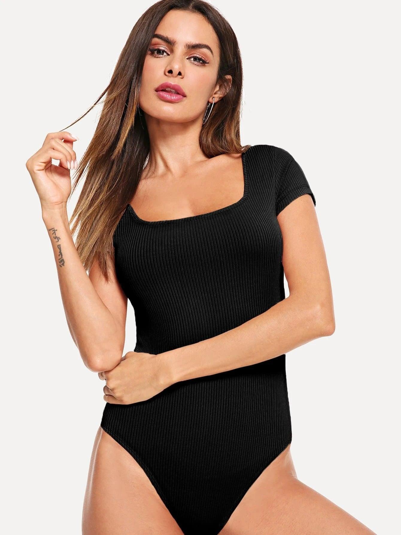 Square Neck Rib-knit Tee Bodysuit-Comfy Jumpsuits