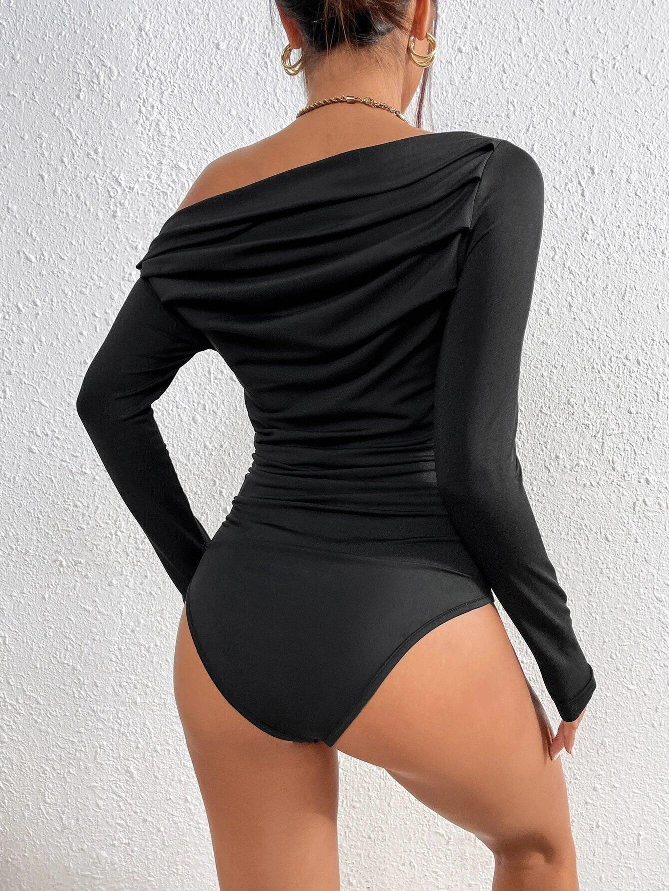 Asymmetrical Neck Ruched Bodysuit-Comfy Jumpsuits