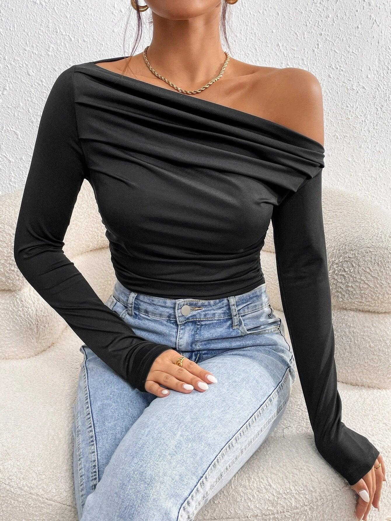 Asymmetrical Neck Ruched Bodysuit-Comfy Jumpsuits