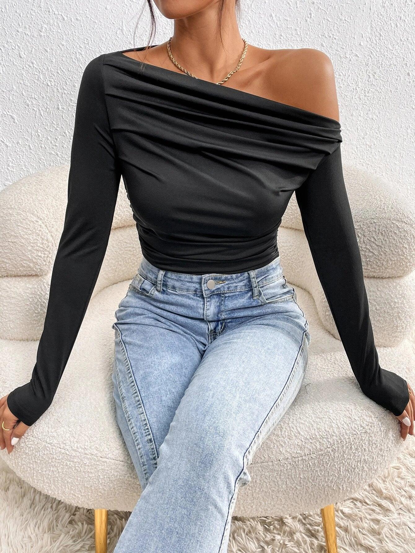 Asymmetrical Neck Ruched Bodysuit-Comfy Jumpsuits