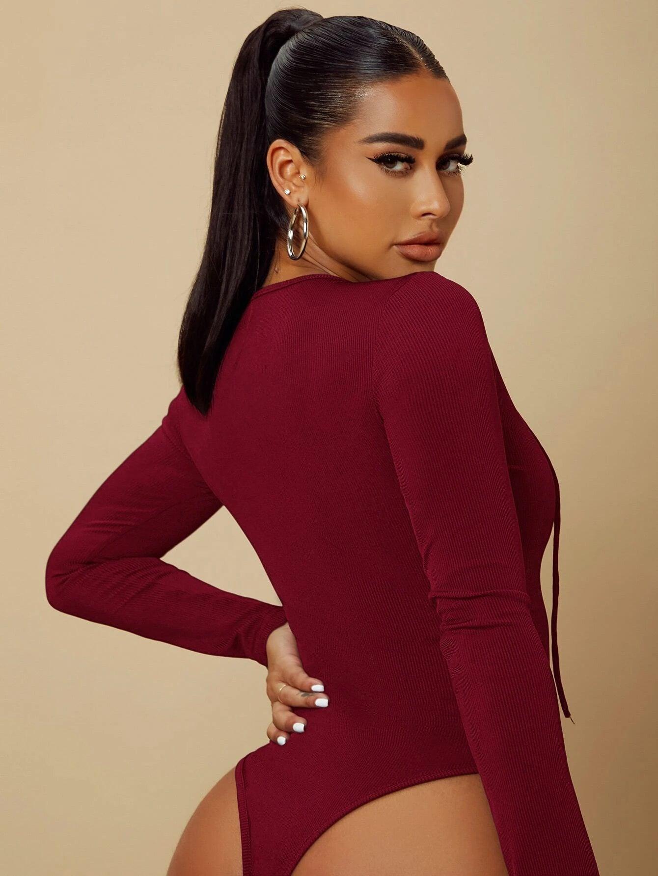 Lace Up Front Plunging Neck Bodysuit-Comfy Jumpsuits