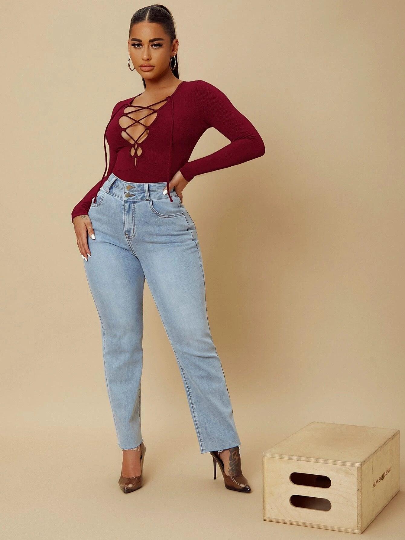 Lace Up Front Plunging Neck Bodysuit-Comfy Jumpsuits