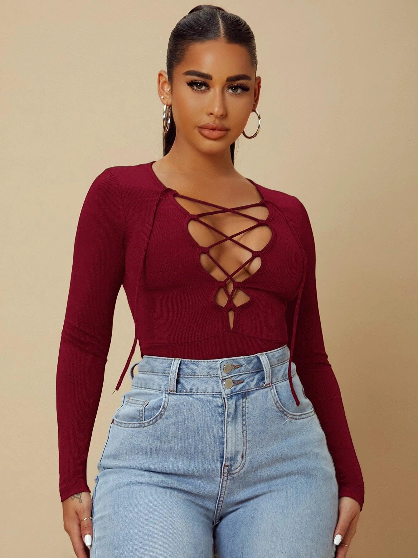 Lace Up Front Plunging Neck Bodysuit-Comfy Jumpsuits
