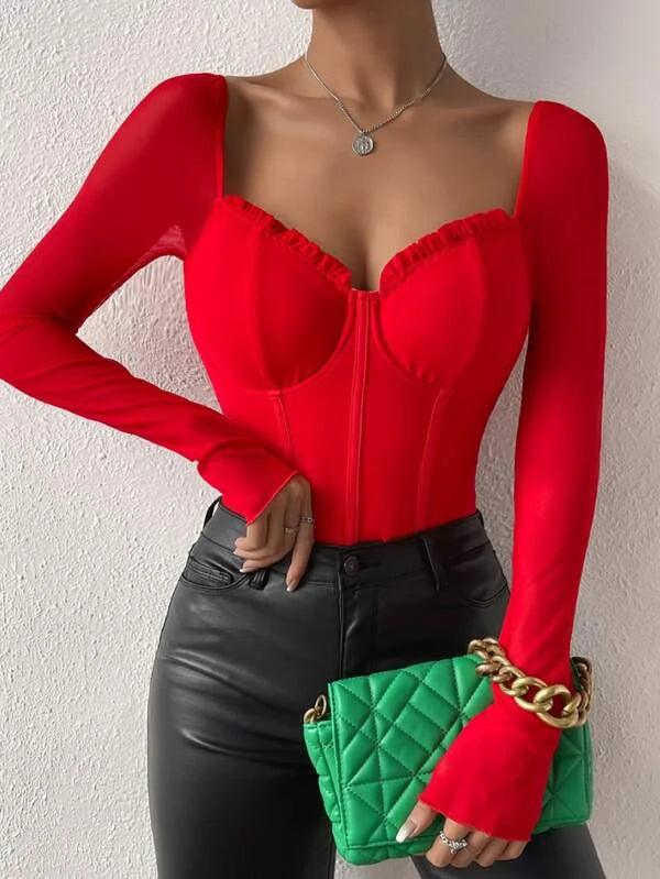 Frill Bustier Casual Long Sleeve Mesh Bodysuit-Comfy Jumpsuits