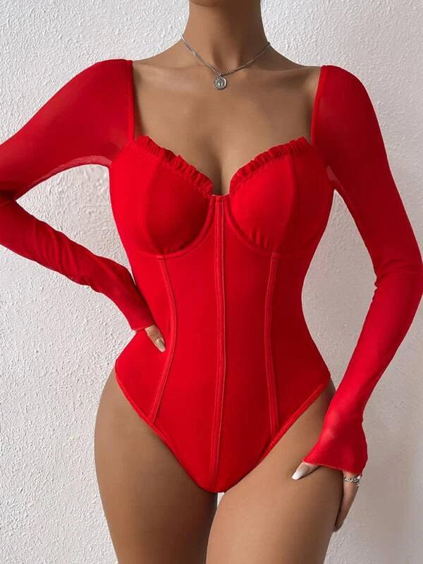 Frill Bustier Casual Long Sleeve Mesh Bodysuit-Comfy Jumpsuits