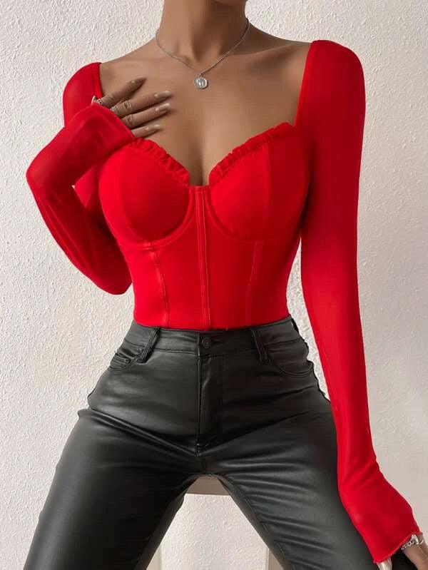 Frill Bustier Casual Long Sleeve Mesh Bodysuit-Comfy Jumpsuits