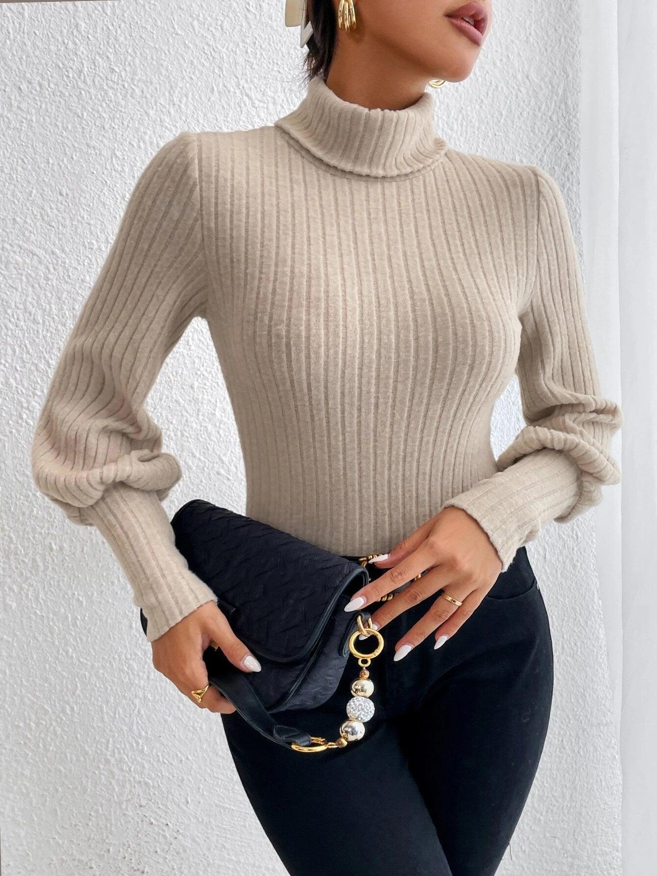 Turtle Neck Bishop Sleeve Bodysuit-Comfy Jumpsuits