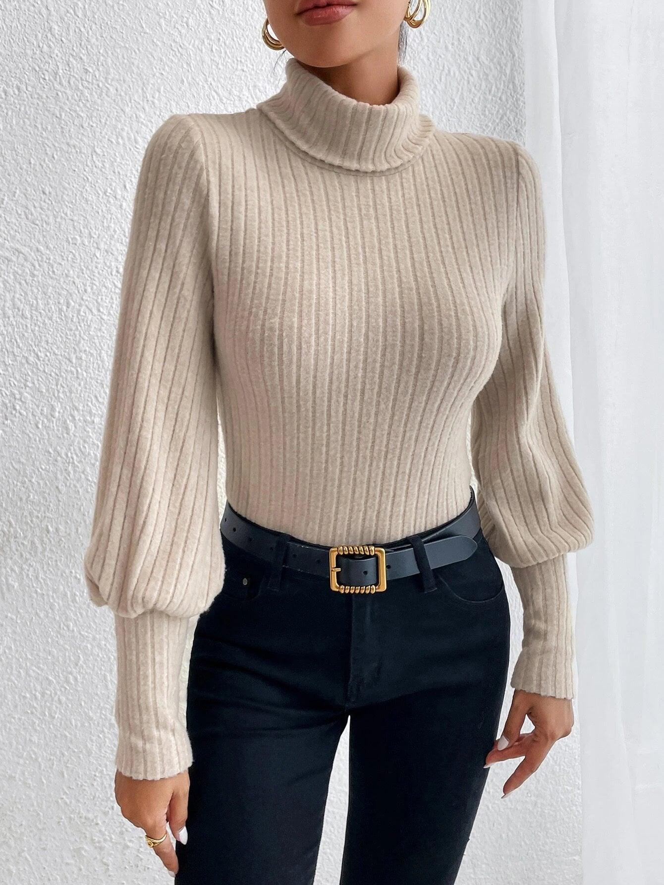 Turtle Neck Ribbed Knit Bodysuit-Comfy Jumpsuits