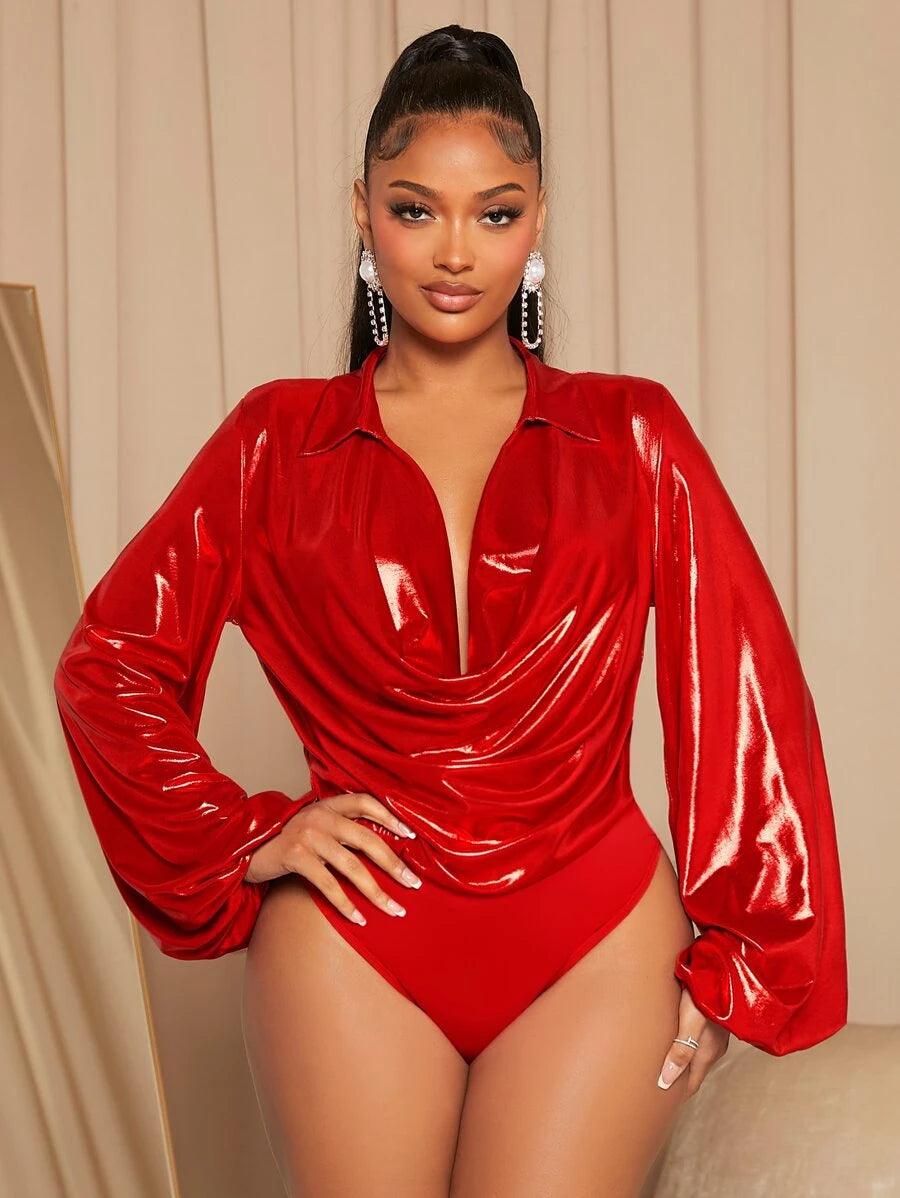 Draped Collar Lantern Sleeve Leather Bodysuit-Comfy Jumpsuits