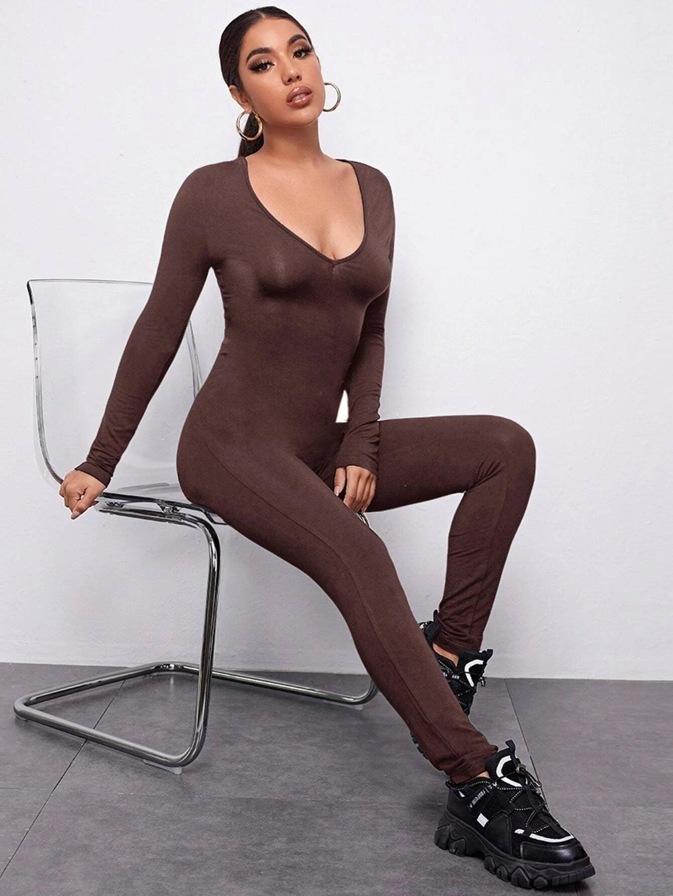 V-Neck Solid Form Fitted Jumpsuit-Comfy Jumpsuits