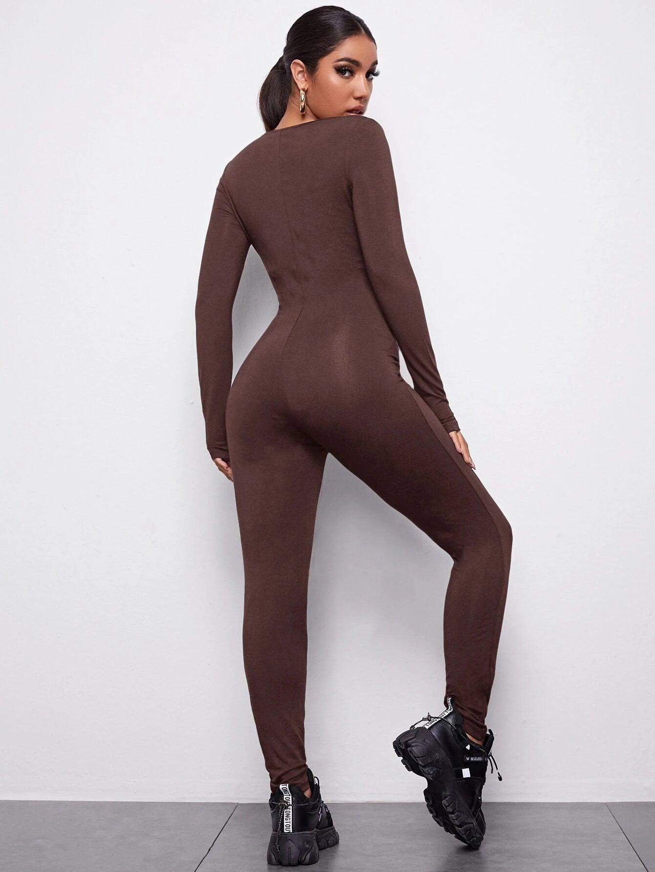 V-Neck Solid Form Fitted Jumpsuit-Comfy Jumpsuits