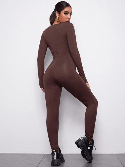 V-Neck Solid Form Fitted Jumpsuit-Comfy Jumpsuits