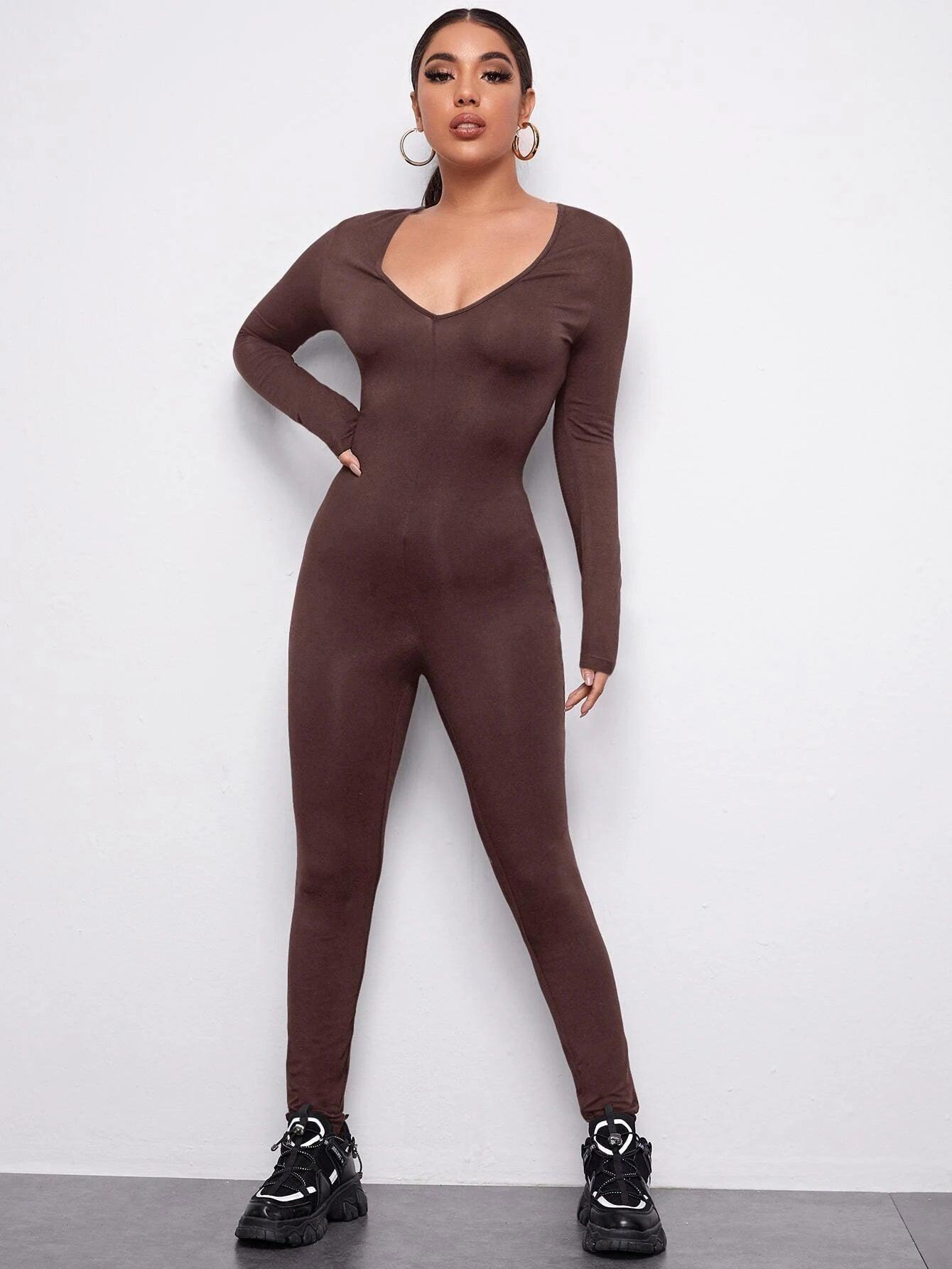 V-Neck Solid Form Fitted Jumpsuit-Comfy Jumpsuits