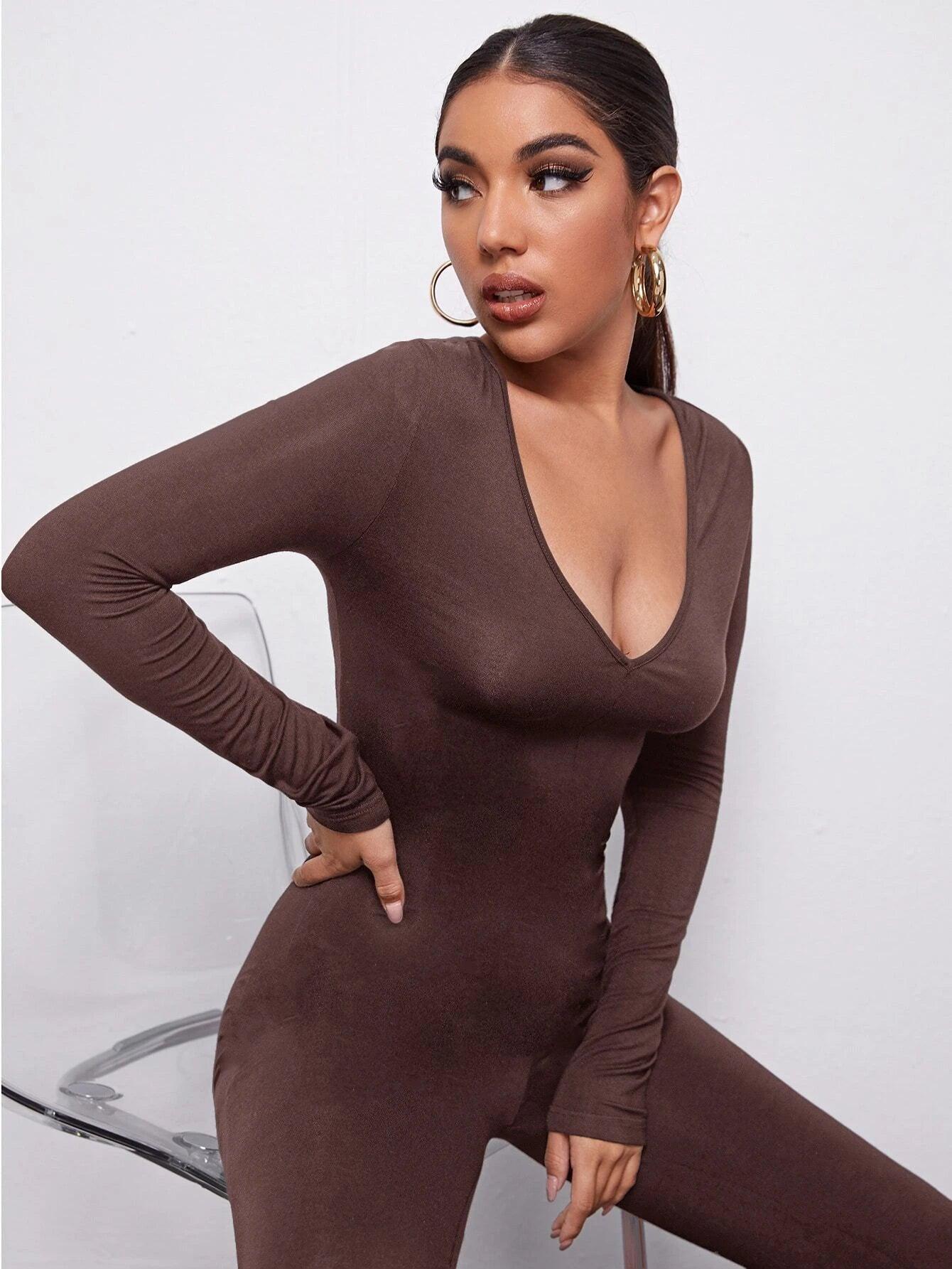 V-Neck Solid Form Fitted Jumpsuit-Comfy Jumpsuits