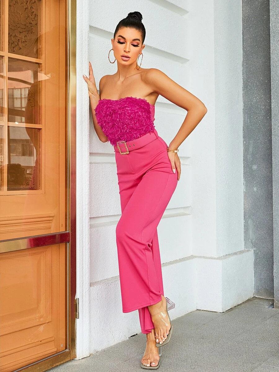 Trim Belted Tube Jumpsuit-Comfy Jumpsuits