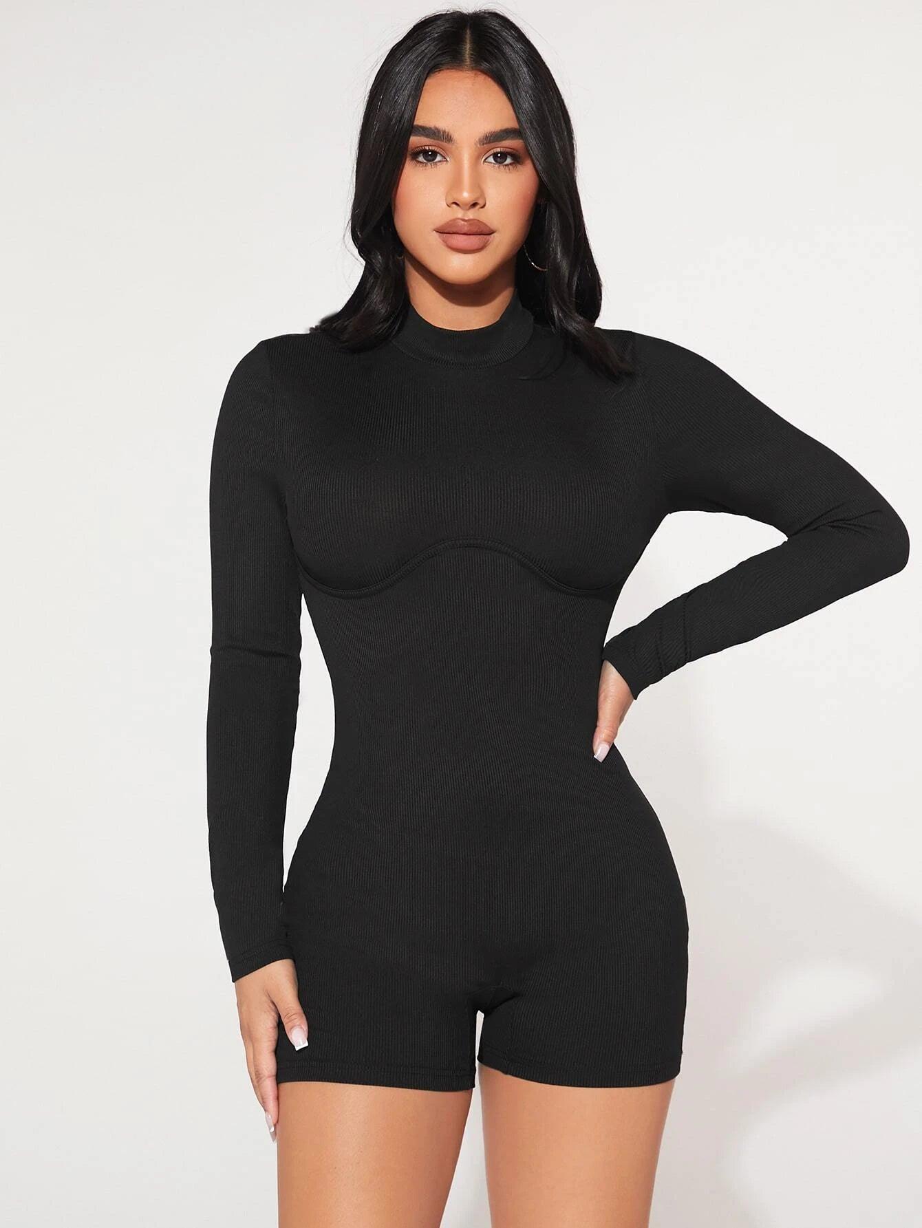 Collar Rib Knit Romper-Comfy Jumpsuits