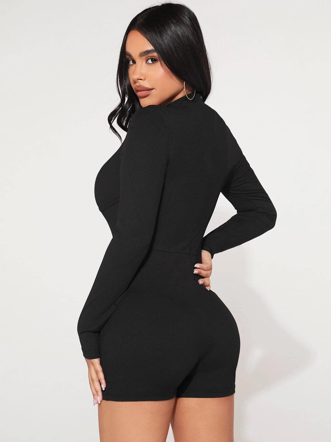 Collar Rib Knit Romper-Comfy Jumpsuits