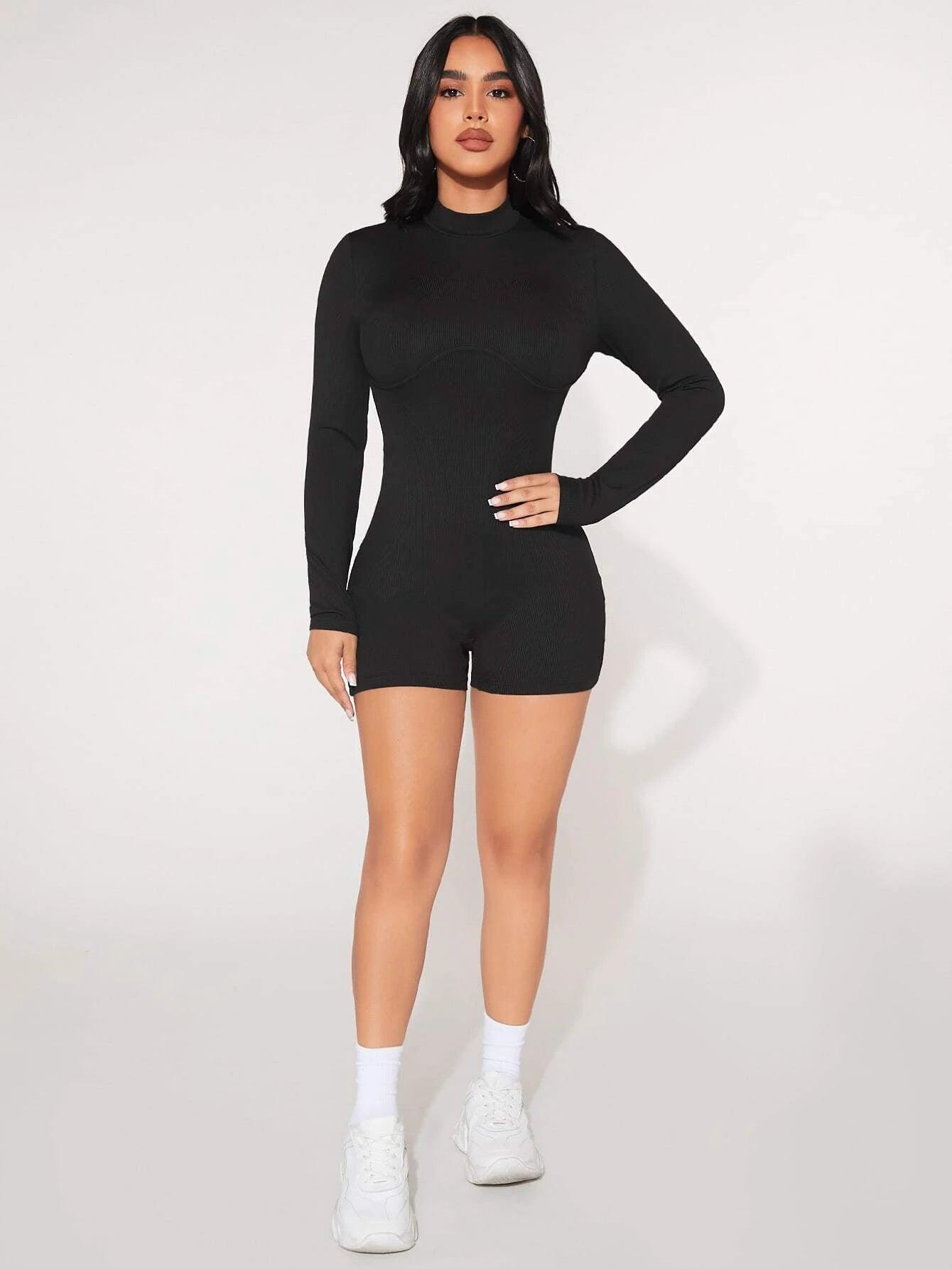 Collar Rib Knit Romper-Comfy Jumpsuits