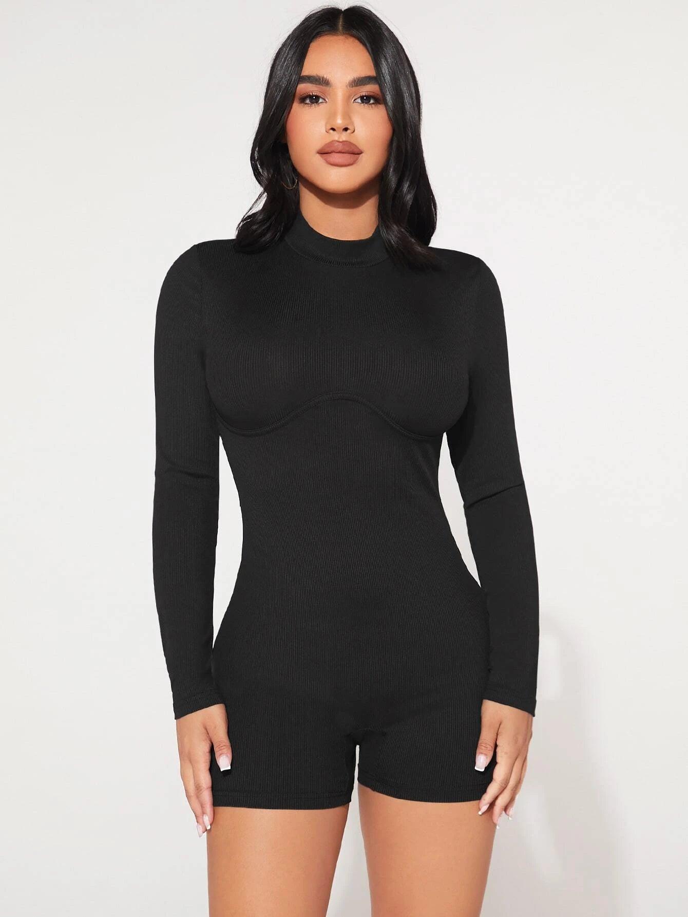 Collar Rib Knit Romper-Comfy Jumpsuits