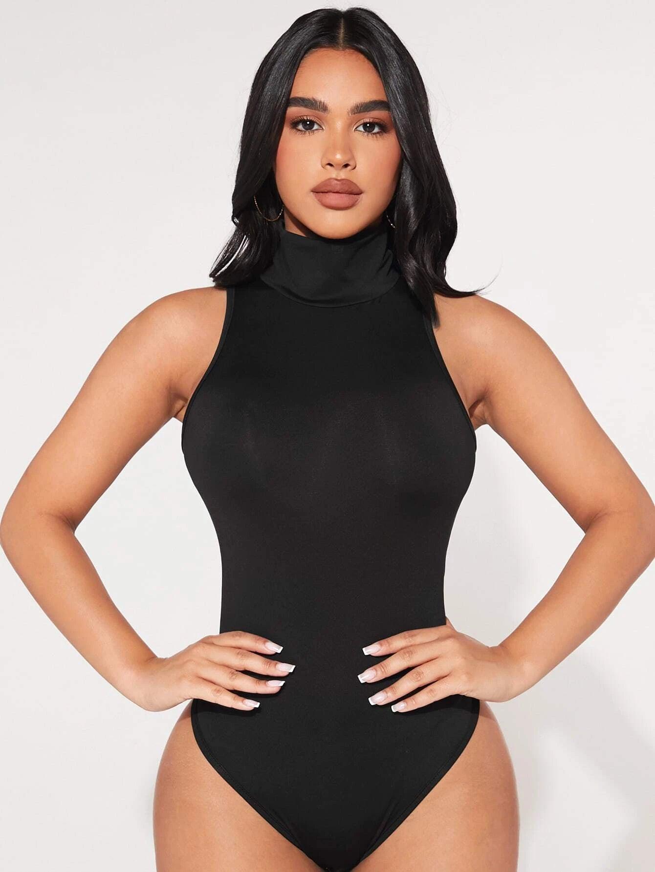 High Neck Solid Tank Bodysuit-Comfy Jumpsuits