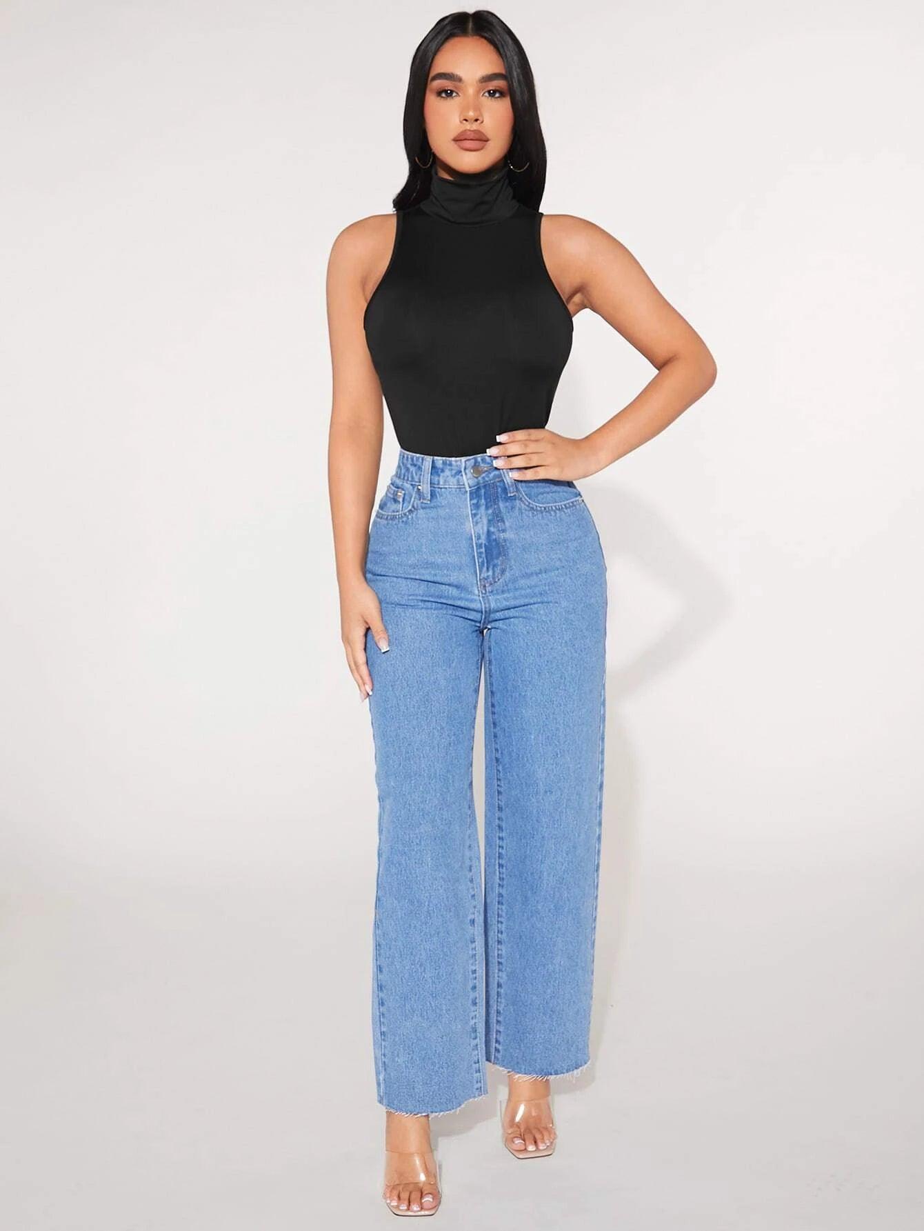 High Neck Solid Tank Bodysuit-Comfy Jumpsuits