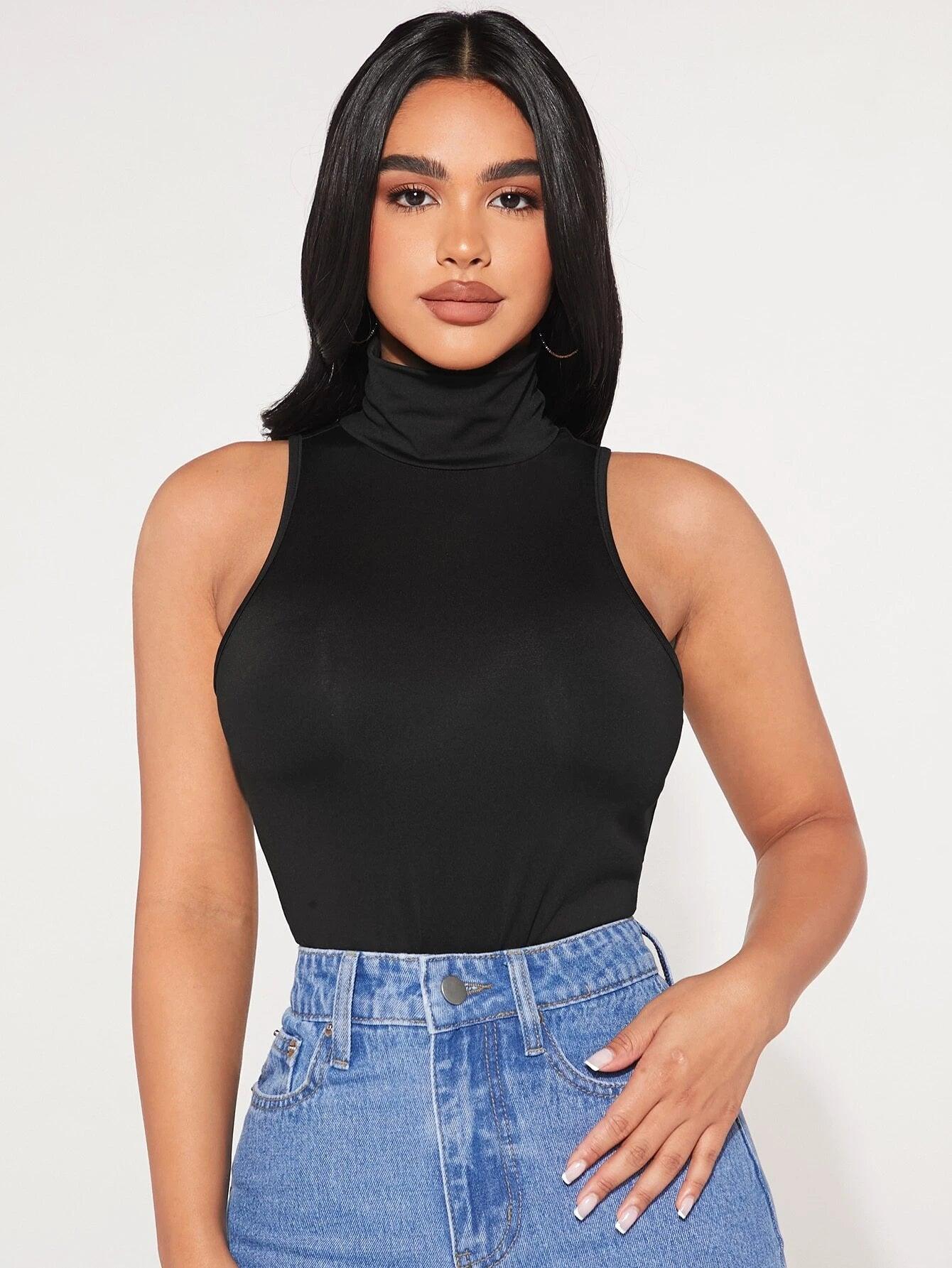 High Neck Solid Tank Bodysuit-Comfy Jumpsuits