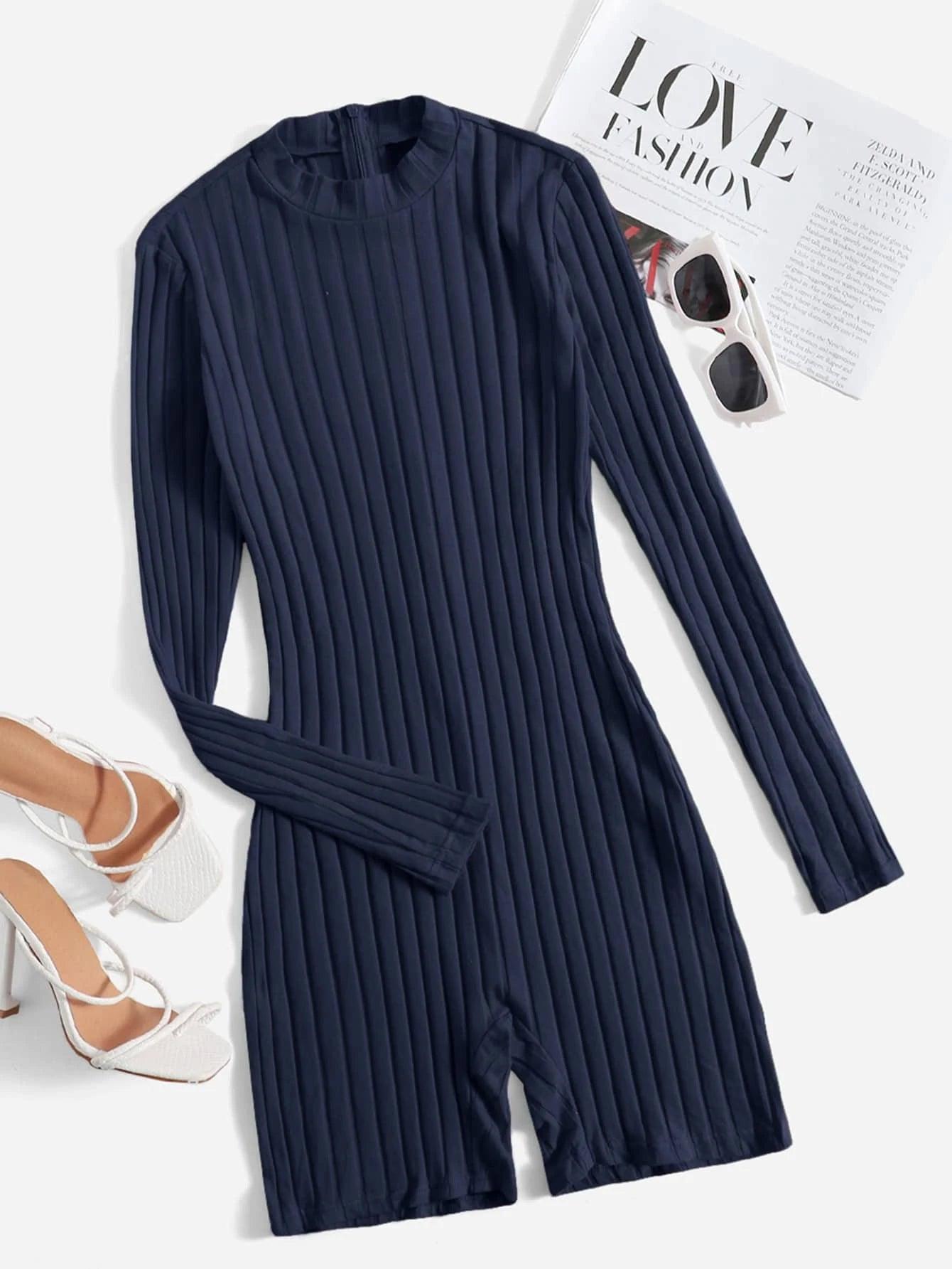 Mock Neck Ribbed Knit Romper-Comfy Jumpsuits